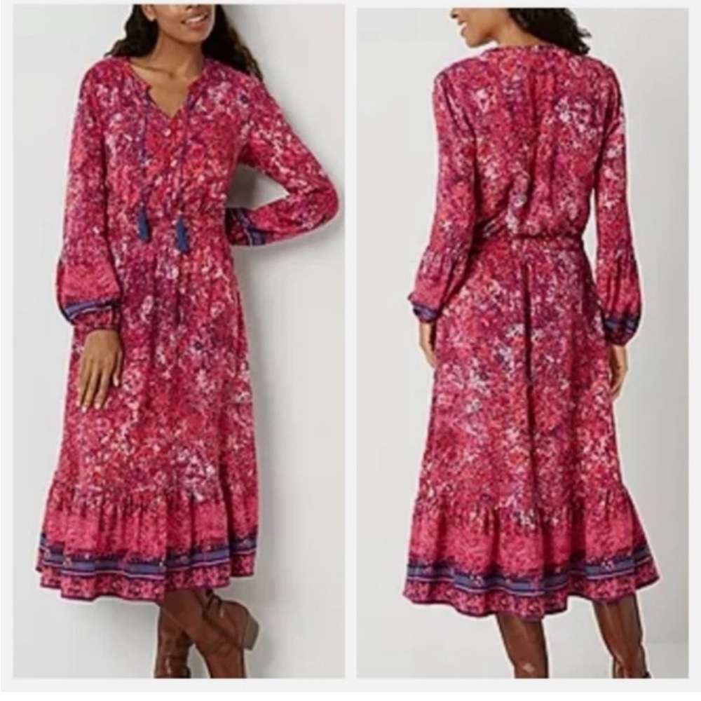 Frye & Co Canyon Peasant Floral Midi Dress Boho Long Sleeve Tassel 36109